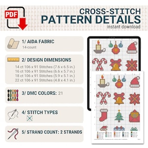 Pode incluir: Padr&atilde;o digital de ponto cruz com &iacute;cones natalinos como vela, ornamentos, bengalas doces e meia. Detalhes: tecido Aida 14, 21 cores DMC, 2 fios, dimens&otilde;es de 19,3 x 16,5 cm a 12,2 x 10,4 cm.