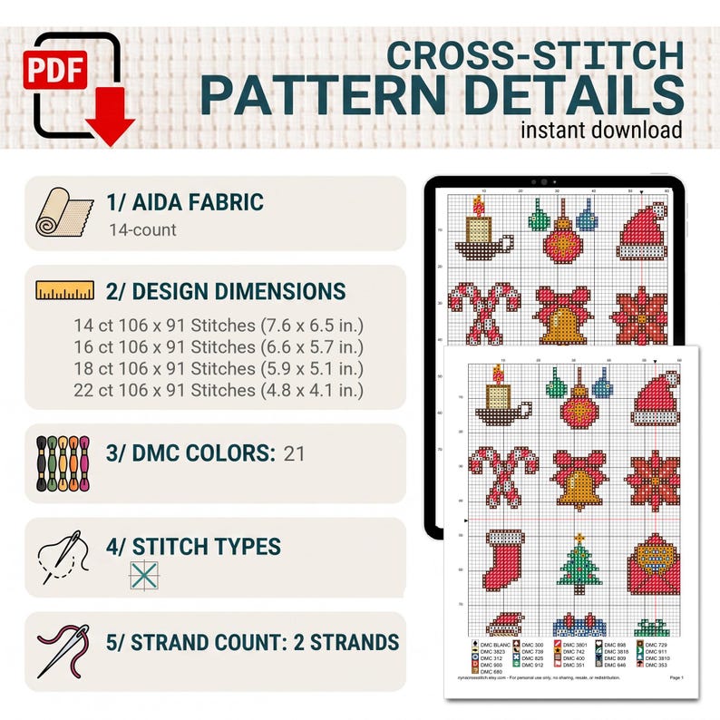 Pode incluir: Padr&atilde;o digital de ponto cruz com &iacute;cones natalinos como vela, ornamentos, bengalas doces e meia. Detalhes: tecido Aida 14, 21 cores DMC, 2 fios, dimens&otilde;es de 19,3 x 16,5 cm a 12,2 x 10,4 cm.