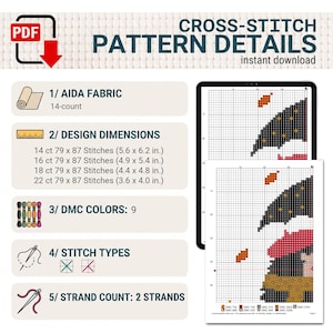May include: A digital cross-stitch pattern guide featuring text headers for Aida fabric, design dimensions in inches, 9 DMC colors, stitch types, and a 2-strand count. The graphic displays a grid pattern on a tablet and a printed page.