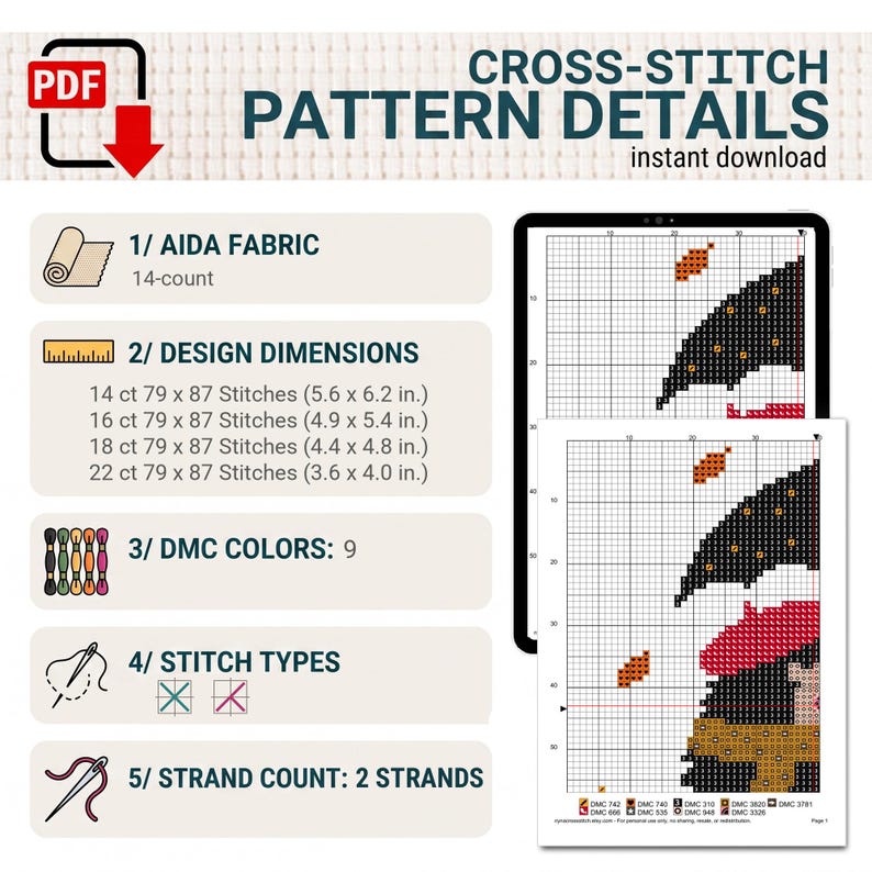 May include: A digital cross-stitch pattern guide featuring text headers for Aida fabric, design dimensions in inches, 9 DMC colors, stitch types, and a 2-strand count. The graphic displays a grid pattern on a tablet and a printed page.