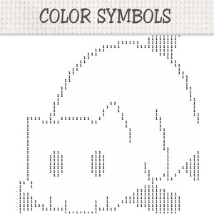 May include: A cross stitch pattern chart titled COLOR SYMBOLS featuring a grid layout. The design is composed of the number 1 repeated to form the outline of a whale shape, with a rectangular body, a curved back, and a tail fin.