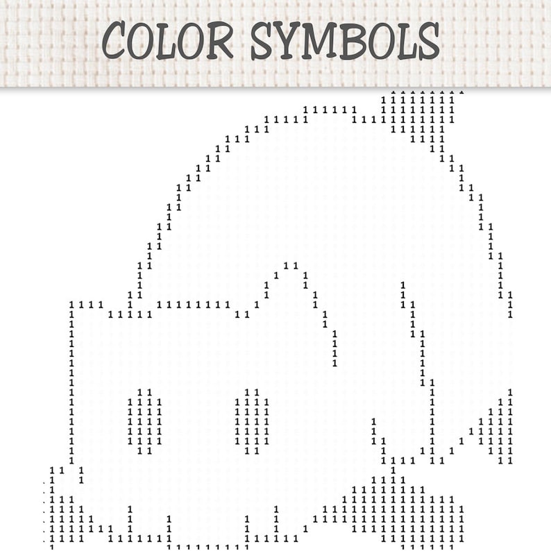 May include: A cross stitch pattern chart titled COLOR SYMBOLS featuring a grid layout. The design is composed of the number 1 repeated to form the outline of a whale shape, with a rectangular body, a curved back, and a tail fin.