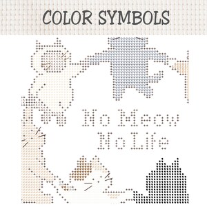 K&ouml;nnte beinhalten: Ein Kreuzstichmuster mit der &Uuml;berschrift COLOR SYMBOLS, das vier Katzensilhouetten und den Text No Meow No Life zeigt. Das Design verwendet verschiedene Symbole und Rastermarkierungen, um die Farben f&uuml;r das Sticken auf wei&szlig;em Stoff anzugeben.