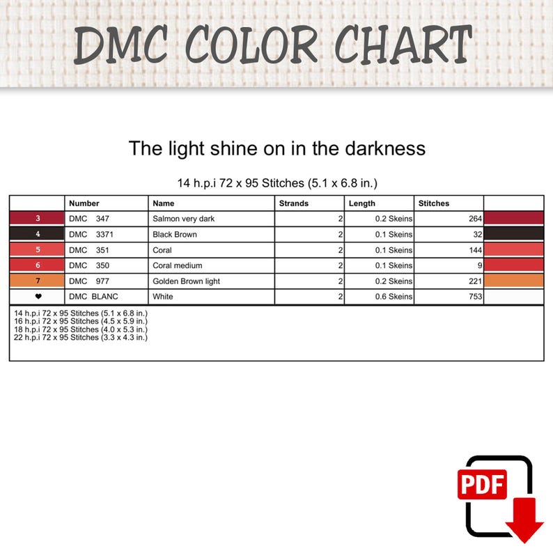 Puede incluir: Una tabla de colores DMC para punto de cruz con el texto 'The light shine on in the darkness'. La tabla enumera n&uacute;meros de hilo, nombres, n&uacute;mero de hebras, longitudes en madejas y recuento de puntadas para colores como salm&oacute;n, marr&oacute;n y coral.