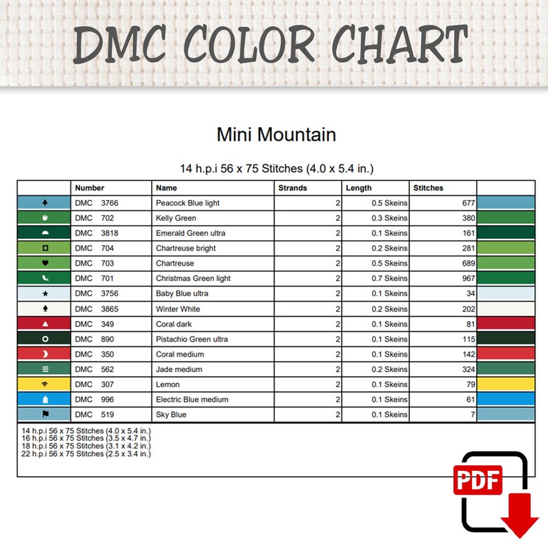 Pu&ograve; includere: Una tabella colori DMC per uno schema a punto croce Mini Mountain. La tabella elenca i numeri dei fili, i nomi, il numero di fili, le lunghezze delle matassine e il numero di punti per vari colori. Le dimensioni sono 10,2 x 13,7 cm.