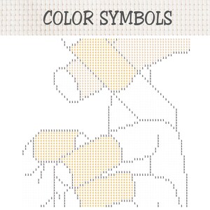 Pu&ograve; includere: Uno schema per punto croce intitolato COLOR SYMBOLS con una disposizione a griglia. Il design utilizza contorni neri e simboli numerici, nello specifico 1 e 6, per indicare il posizionamento dei colori su un tessuto bianco per ricami.
