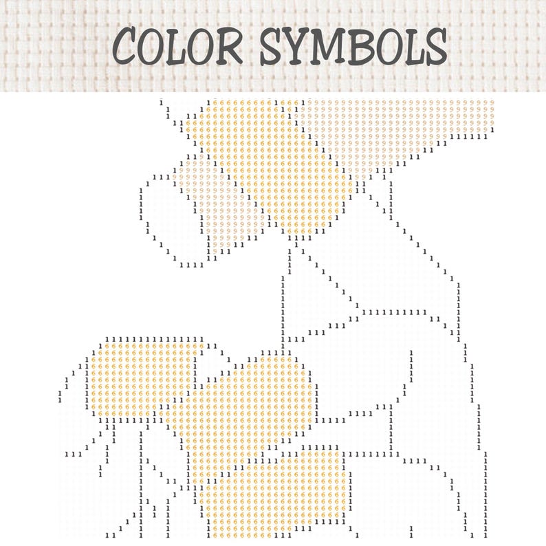 Pu&ograve; includere: Uno schema per punto croce intitolato COLOR SYMBOLS con una disposizione a griglia. Il design utilizza contorni neri e simboli numerici, nello specifico 1 e 6, per indicare il posizionamento dei colori su un tessuto bianco per ricami.