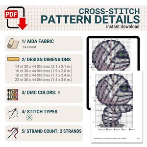 May include: A digital cross-stitch pattern featuring a mummy design. Details include 14-count Aida fabric, design dimensions ranging from 2.1 x 3.1 inches to 1.4 x 2.0 inches, 5 DMC colors, cross-stitch types, and a requirement of 2 strands for stitching.