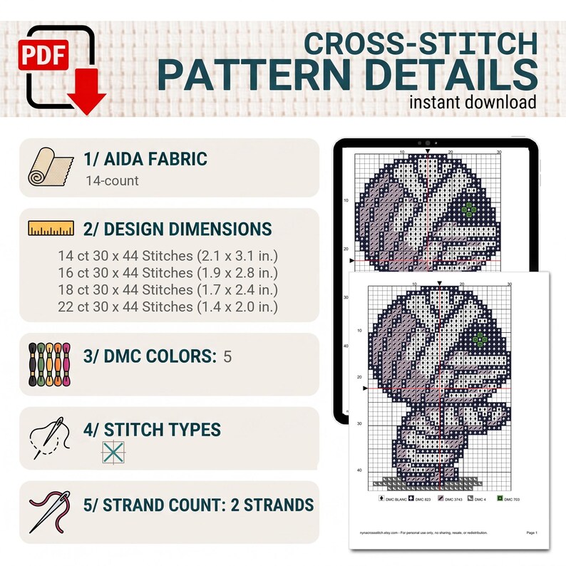 May include: A digital cross-stitch pattern featuring a mummy design. Details include 14-count Aida fabric, design dimensions ranging from 2.1 x 3.1 inches to 1.4 x 2.0 inches, 5 DMC colors, cross-stitch types, and a requirement of 2 strands for stitching.