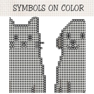Puede incluir: Un patr&oacute;n de punto de cruz titulado SYMBOLS ON COLOR que muestra dos siluetas de animales pixeladas, un gato y un perro, compuestas por peque&ntilde;os corazones negros sobre una cuadr&iacute;cula blanca, con rasgos faciales formados por iconos de tazas.