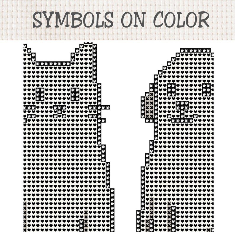Puede incluir: Un patr&oacute;n de punto de cruz titulado SYMBOLS ON COLOR que muestra dos siluetas de animales pixeladas, un gato y un perro, compuestas por peque&ntilde;os corazones negros sobre una cuadr&iacute;cula blanca, con rasgos faciales formados por iconos de tazas.