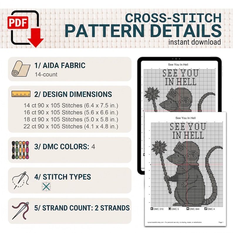 May include: A digital cross-stitch pattern titled See You In Hell featuring a mouse holding a mace. The document lists 14-count Aida fabric, design dimensions in inches for various counts, 4 DMC colors, stitch types, and a 2-strand requirement.