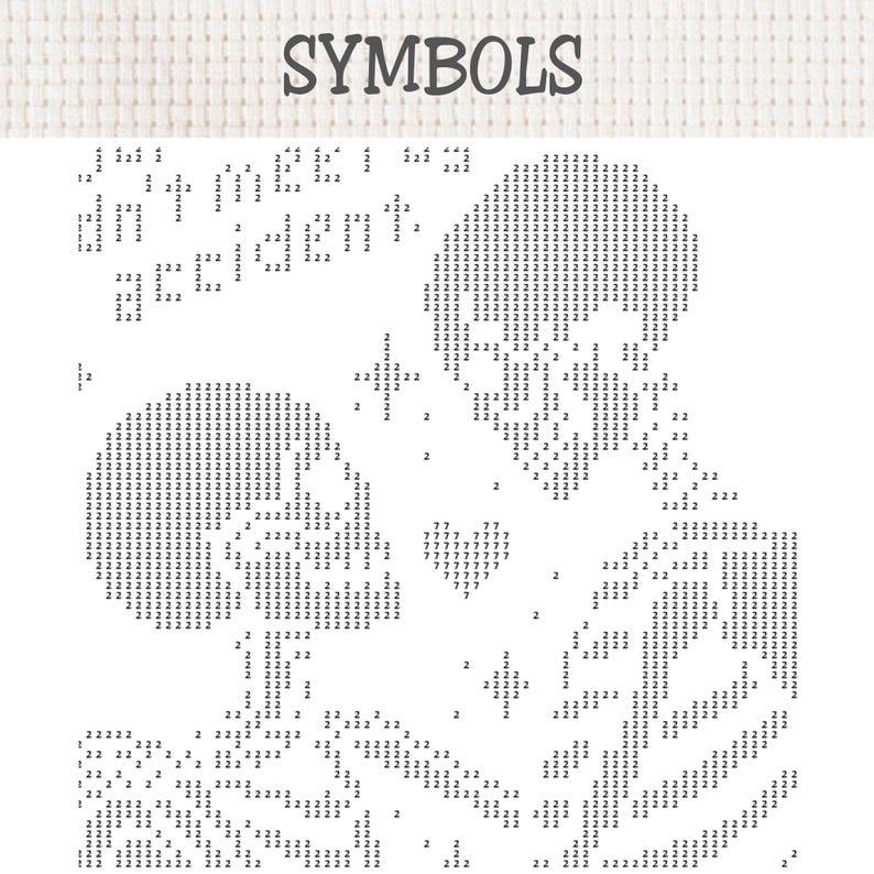 Op de afbeelding: Een kruissteekpatroon met de titel SYMBOLS, bestaande uit twee schedels en een hart gevormd door de cijfers 1, 2 en 7. Het ontwerp is gedrukt op een witte rasterachtergrond en biedt een duidelijke handleiding voor borduurwerk.