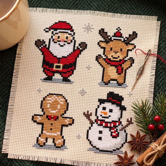 Christmas Cross Stitch Pattern, Santa Reindeer Snowman Gingerbread Needlepoint, Digital Download
