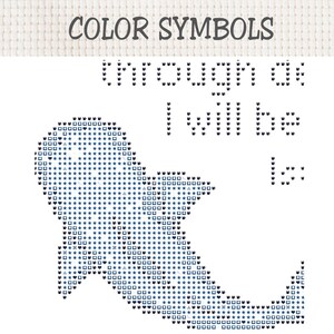May include: A cross-stitch pattern chart titled COLOR SYMBOLS featuring a whale shark silhouette filled with various geometric symbols and the text through as I will be is. The design uses a grid layout on a white background for embroidery.
