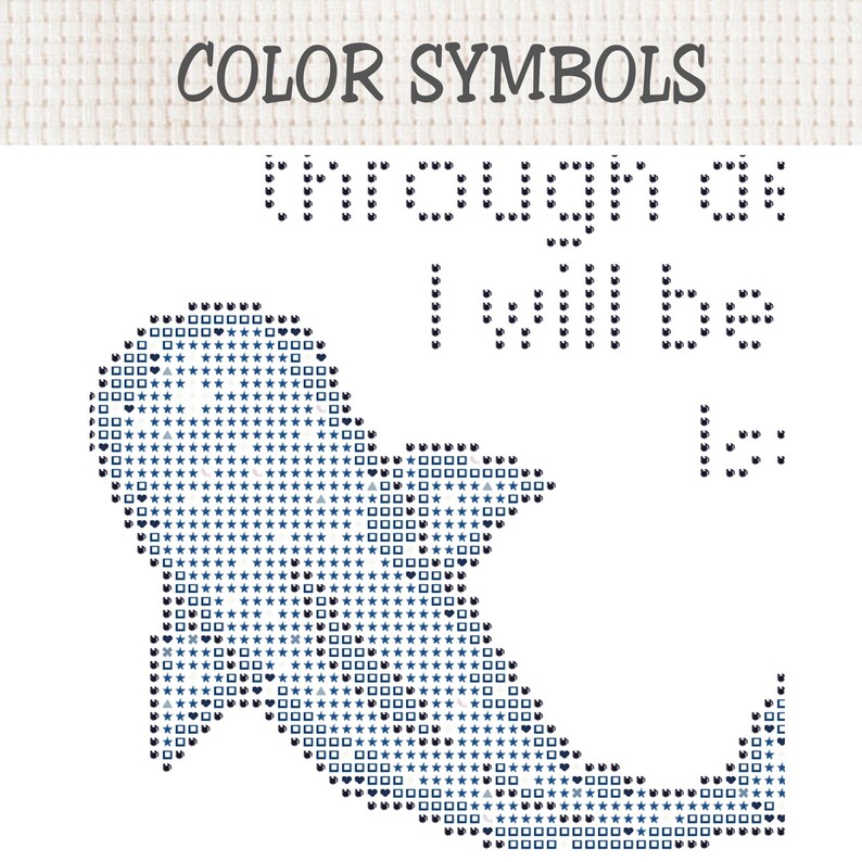 May include: A cross-stitch pattern chart titled COLOR SYMBOLS featuring a whale shark silhouette filled with various geometric symbols and the text through as I will be is. The design uses a grid layout on a white background for embroidery.