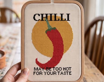 Vintage Hot Chili Pepper Cross Stitch Pattern, Spicy Kitchen Decor Needlepoint Chart, Retro Food Poster Craft Digital Download