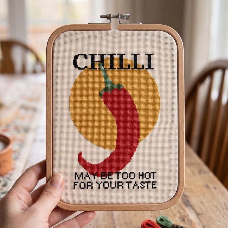 Pu&ograve; includere: Un telaio da ricamo rettangolare in legno contenente un disegno a punto croce su tessuto bianco. Il motivo raffigura un peperoncino rosso su un cerchio giallo, con il testo nero CHILLI e MAY BE TOO HOT FOR YOUR TASTE ricamato sopra e sotto.