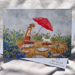 Impresión de arte 5x7 - "Nuestro pequeño mundo" (Acuarela, Gato, Dibujos animados, Anime, Lluvia, Primavera, Lindo, Colorido, Arte original)
