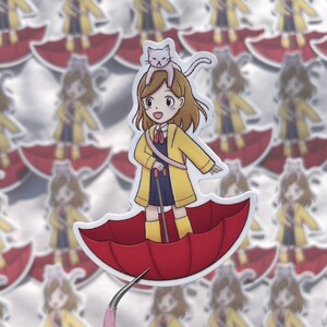 Glänzender Vinylaufkleber - "Pfötchen & Pfützen" Regenschirmboot-Abenteuer (süßer Kawaii-Katze-Kitty-Karikatur-Die-Cut-Wetterfester Aufkleber, Originalkunstwerk)