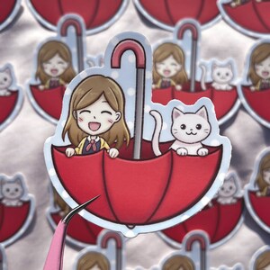 Matte Vinyl Aufkleber - "Pfötchen & Pfützen" Regenschirm Boot (süßer Kawaii Katze Kitty Cartoon Gestanzter wetterfester Aufkleber, Originalkunstwerk, Chibi)