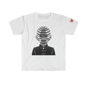 May include: White t-shirt with a black and white illustration of a person with a head made of stacked circles.