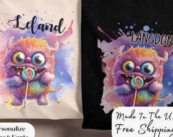 Bolsa de lona personalizada para Halloween, diseño de monstruo de caramelo de acuarela personalizado para truco o trato, accesorio de disfraz de Halloween para la víspera de Todos los Santos