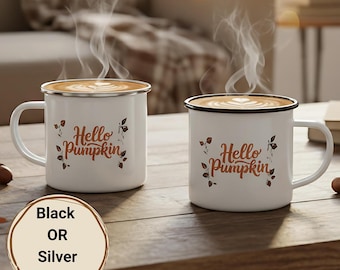 Tazza da campeggio smaltata a tema zucca / Decorazione autunnale rustica, tazza da campeggio, regalo personalizzato, atmosfera autunnale, avventura all'aria aperta