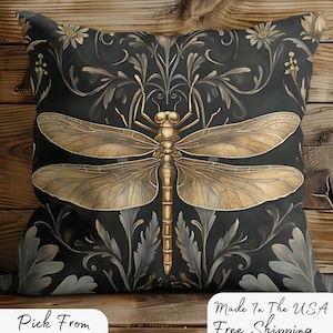Artistic Dragonfly Pillow, William Morris Inspired Decorative Cushion Home Decor Unique Throw Pillow Living Room Accent Nature Inspired Gift