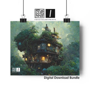 Fantasy Landscape 3pc Bundle Print Download | Fantasy Landscape Treehouse | Treehouse Wall Art | Cozy Treehouse Art | Cozy House Wall Art