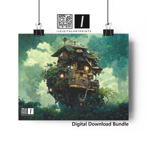 Fantasy Landscape 4pc Bundle Print Download | Fantasy Landscape Treehouse | Treehouse Wall Art | Cozy Treehouse Art | Cozy House Wall Art