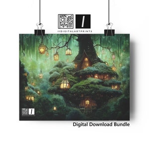 Fantasy Landscape 3pc Bundle Print Download | Fantasy Landscape Treehouse | Treehouse Wall Art | Cozy Treehouse Art | Cozy House Wall Art