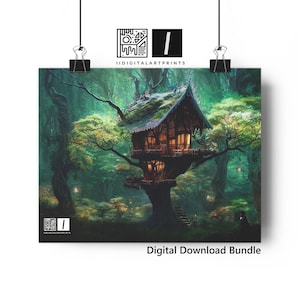 Fantasy Landscape 3pc Bundle Print Download | Fantasy Landscape Treehouse | Treehouse Wall Art | Cozy Treehouse Art | Cozy House Wall Art