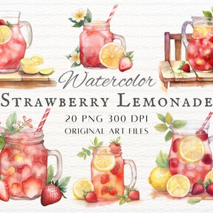 Watercolor Strawberry Lemonade 20pc PNG & JPEG | Spring Lemonade PNG | Lemonade Clipart | Lemonade Commercial Use | Pink Lemonade Clipart