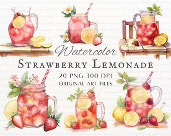 Watercolor Strawberry Lemonade 20pc PNG & JPEG | Spring Lemonade PNG | Lemonade Clipart | Lemonade Commercial Use | Pink Lemonade Clipart