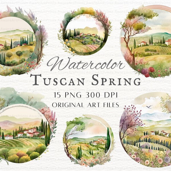 Watercolor Tuscan Spring 15pc PNG Bundle | Tuscan Spring PNG | Tuscan Landscape PNG | Watercolor Tuscan Landscape Commercial Use Clipart Png