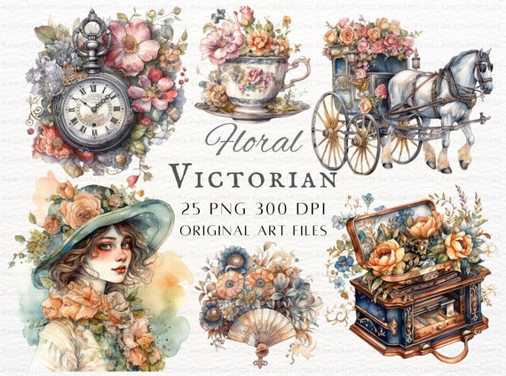 Victorian 25pc PNG & JPEG | Victorian PNG | Floral Victorian Png | Printable Victorian Commercial Use | Romantic Victorian Clipart Bundle