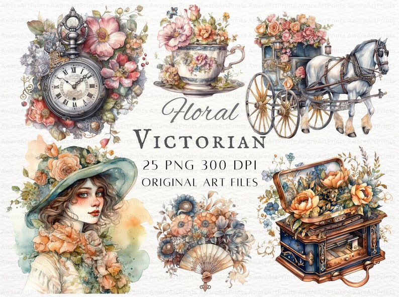 May include: A set of 25 digital illustrations in PNG format, featuring Victorian-themed floral designs. The illustrations include a teacup, a carriage, a music box, a pocket watch, and a woman wearing a hat. The illustrations are all in watercolor style and are 300 DPI.