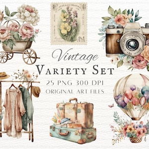 Vintage aquarel 25st variëteit voorbeeldbundel PNG & JPEG | Vintage PNG | Aquarel vintage clipart | Aquarel Vintage commercieel gebruik Art