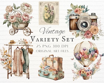 Vintage Watercolor 25pc Variety Sample Bundle PNG & JPEG | Vintage PNG | Watercolor Vintage Clipart | Watercolor Vintage Commercial Use Art