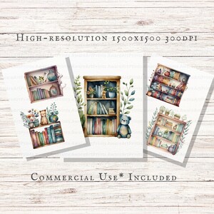 May include: Four watercolor illustrations of bookshelves with various books, plants, and a teddy bear. The bookshelves are painted in a light brown color with a white background.