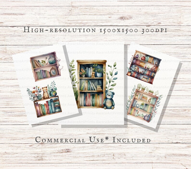 May include: Four watercolor illustrations of bookshelves with various books, plants, and a teddy bear. The bookshelves are painted in a light brown color with a white background.