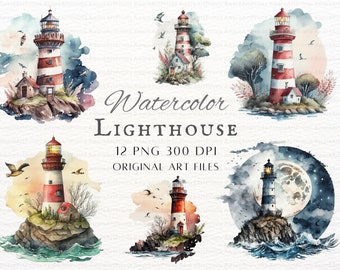 Lighthouse Clipart 12pc Bundle | Lighthouse PNG Commercial Use | Lighthouse PNG | Watercolor Lighthouse PNG | Watercolor Lighthouse Clipart