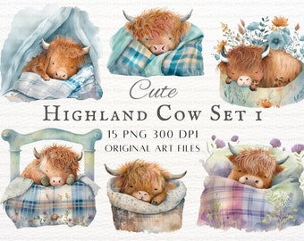 Leuke Highland Cow 15pc PNG & JPEG Set 1 | Slapende Hooglandkoe | Hoogland Koe PNG | Kwekerij Highland Cow commercieel gebruik | Aquarel Koe