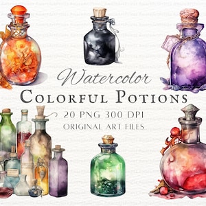 Watercolor Potions 20pc Bundle | Colorful Potions PNG | Potion PNG | Potions Commercial Use | Witchy Potion Clipart | Wizard Potion Clipart