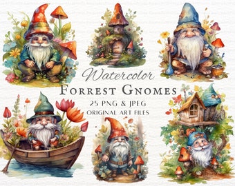 Forest Gnome 25pc PNG & JPEG Bundle | Gnome PNG | Watercolor Gnome Commercial Use | Printable Gnome Art | Dwarf Clipart | Forest Gnome Art