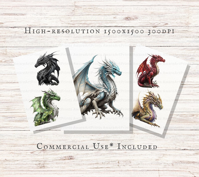 May include: Four digital illustrations of dragons in different colours. A black dragon, a green dragon, a blue and white dragon, and a red dragon.