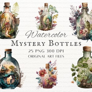 May include: Six watercolor illustrations of glass bottles with cork stoppers. Each bottle contains a different scene, including a forest, a house, flowers, and a cave. The bottles are surrounded by leaves and flowers. The text "Watercolor Mystery Bottles 25 PNG 300 DPI Original Art Files" is written below the bottles.