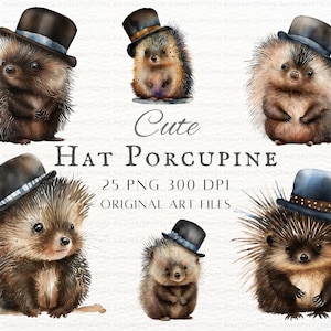 Porcupine Hat 25pc PNG & JPEG | Cute Porcupine PNG | Top Hat Porcupine Clipart | Cute Porcupine Commercial Use | Baby Porcupine Wall Art