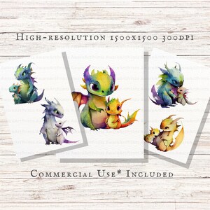 May include: Four digital illustrations of watercolor painted dragons. Each illustration features a parent dragon and a baby dragon. The dragons are in various colors, including green, blue, and purple.